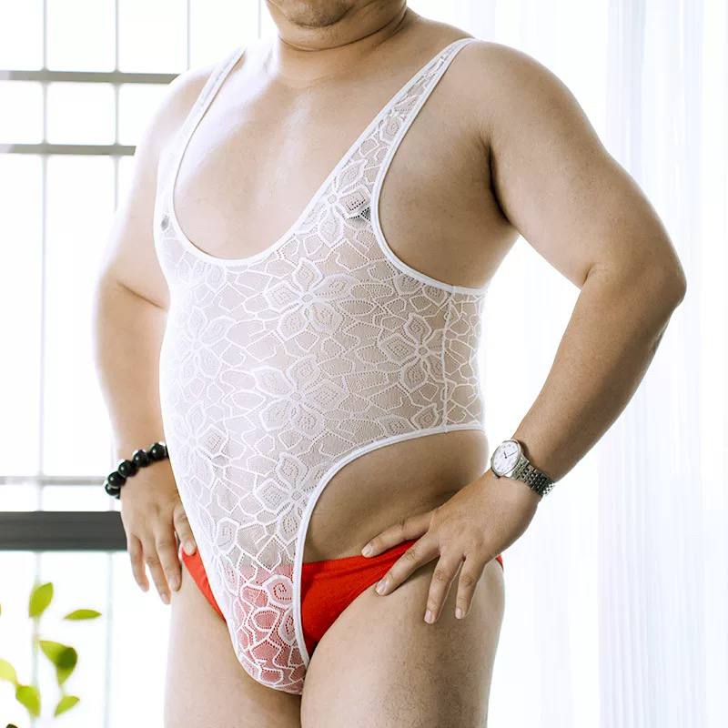 Men's sexy lace jumpsuit jumpsuit, semi transparent high slit underwear, home wear, pajamas, bear monkey size