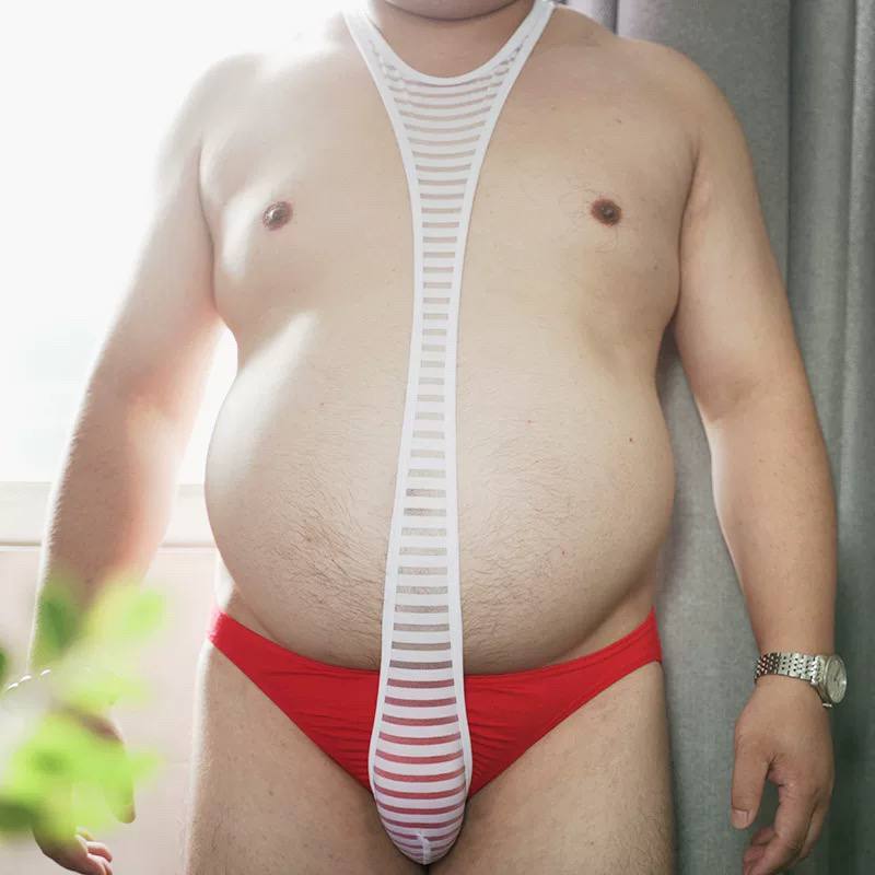 Men's jumpsuit thong, T-pants, mesh, slightly transparent underwear, striped underwear, exposed buttocks, bar, nightclub, gaming uniform