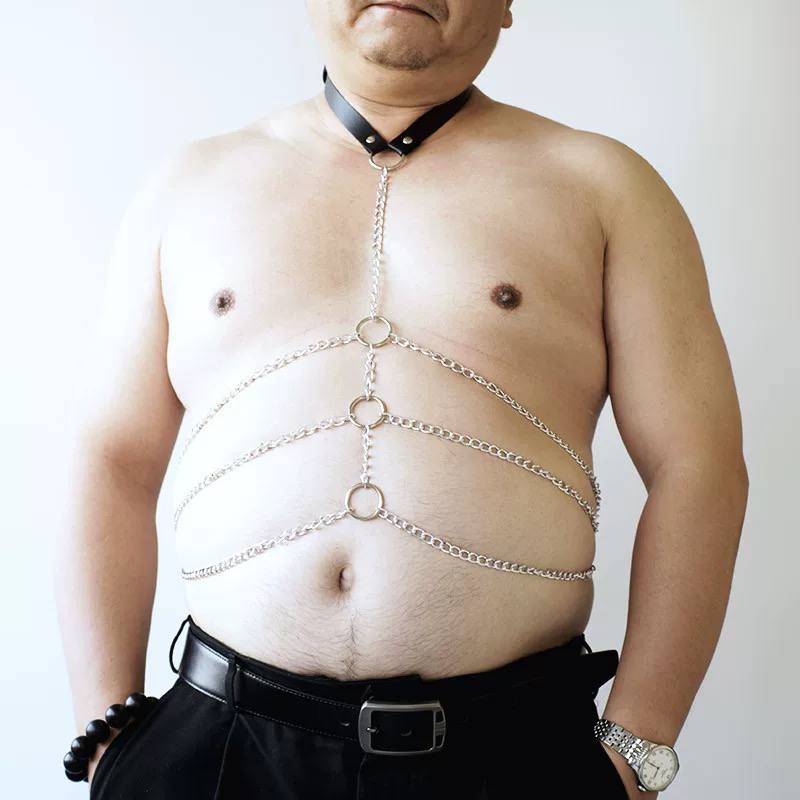 Men's metal chain, body chain, chest strap, suspender, PU leather, fat bear restraint, chest strap, waist chain performance